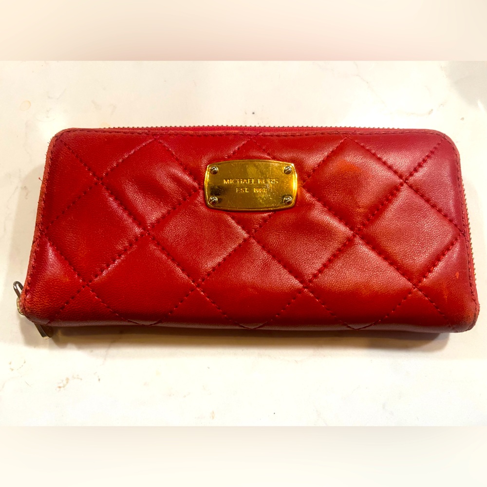 Michael Kors Red Quilted Leather Zip Around Wallet